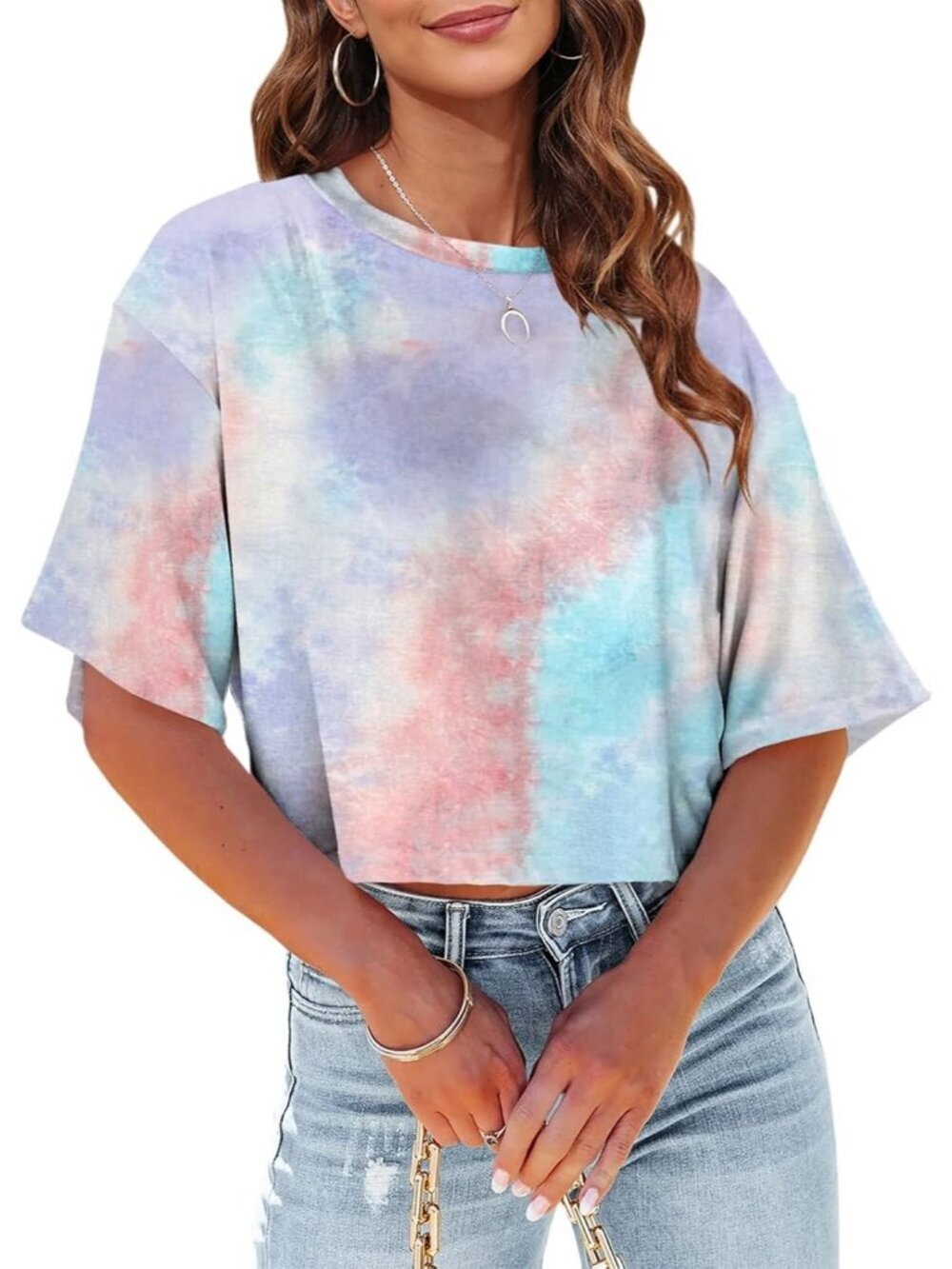 Women's Light Purple Crew Neck Half Sleeves Loose Fit Casual Pull On Tees Shirts